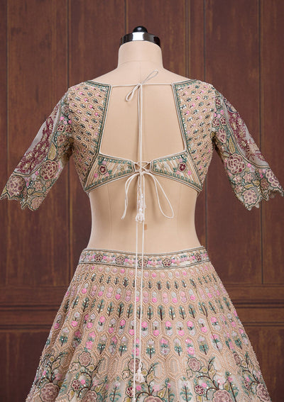 Beige Zariwork (Gold) Net Readymade Lehenga-Koskii