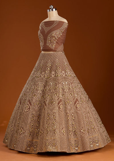 Light Brown Cording Net Readymade Lehenga-koskii