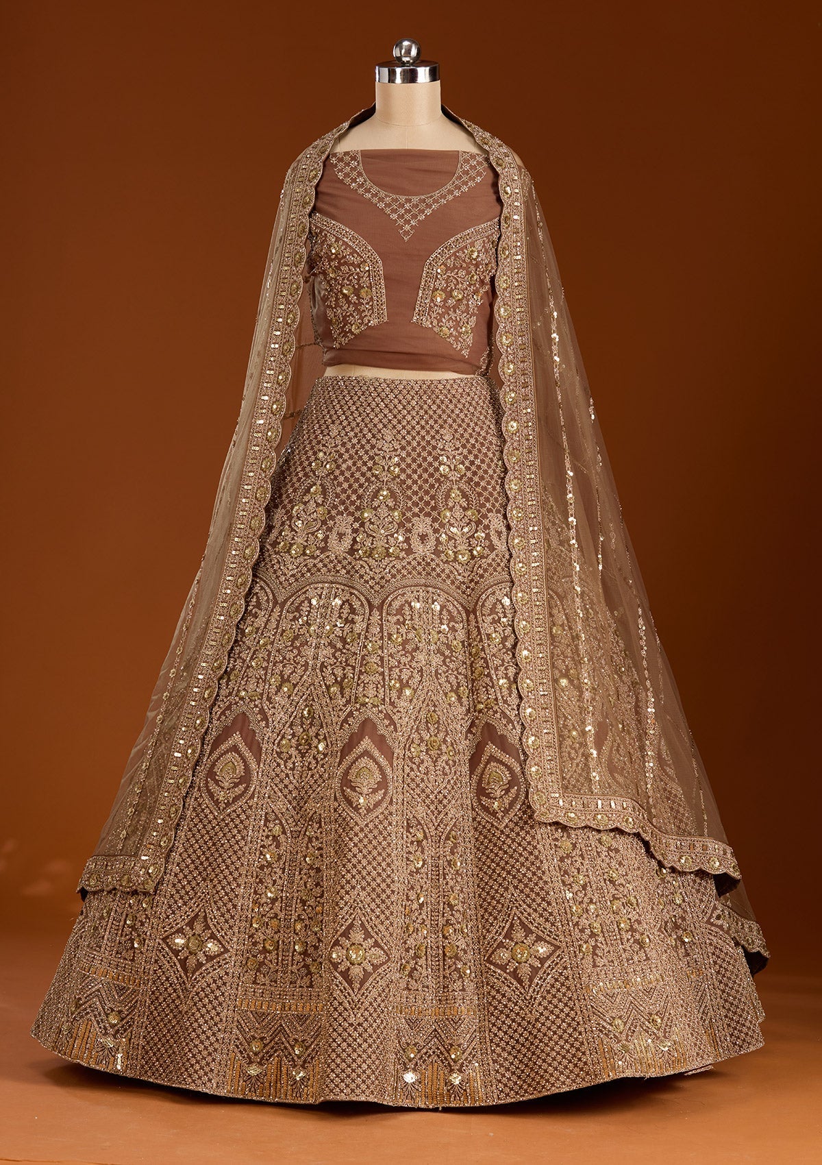 Light Brown Cording Net Readymade Lehenga-koskii
