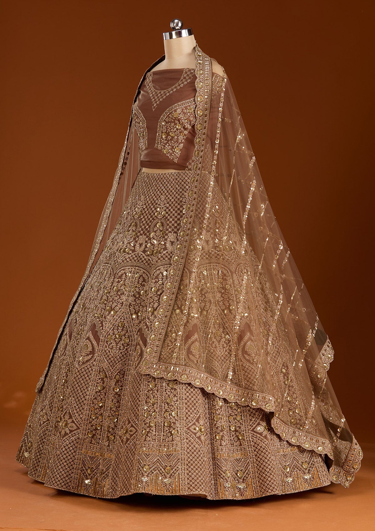 Light Brown Cording Net Readymade Lehenga-koskii