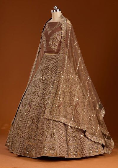 Light Brown Cording Net Readymade Lehenga-koskii