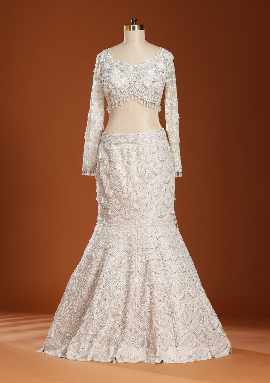 Peach Pearlwork Net Readymade Lehenga-koskii