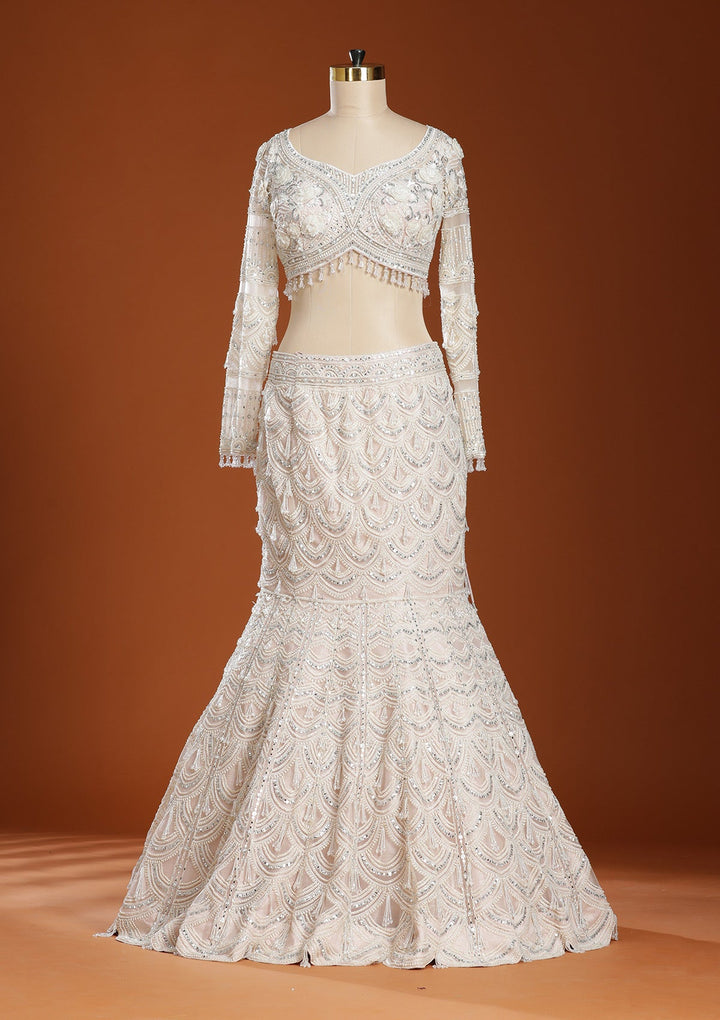 Peach Pearlwork Net Readymade Lehenga-koskii