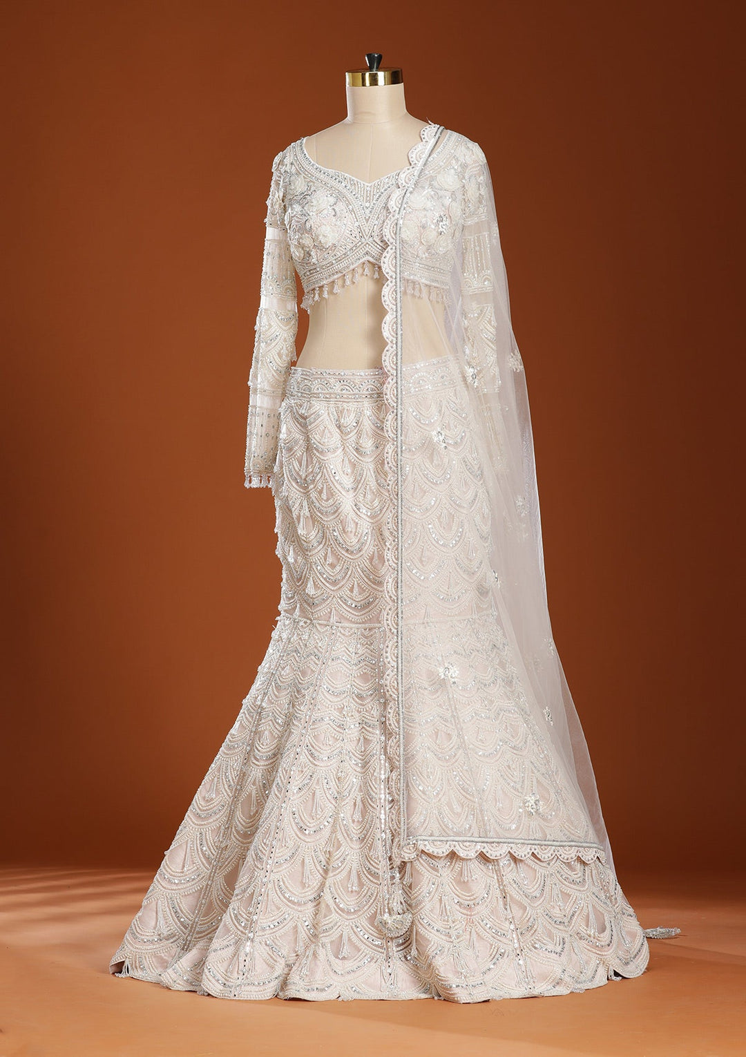 Peach Pearlwork Net Readymade Lehenga-koskii