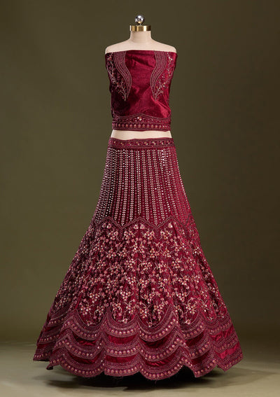 Maroon Zariwork Velvet Readymade Lehenga-Koskii
