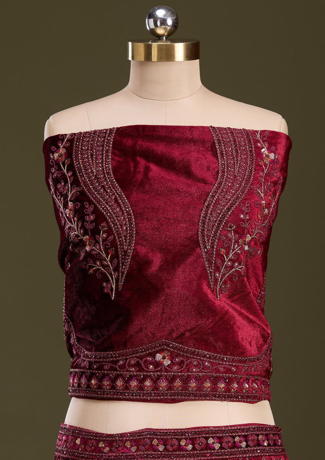 Maroon Zariwork Velvet Readymade Lehenga-Koskii