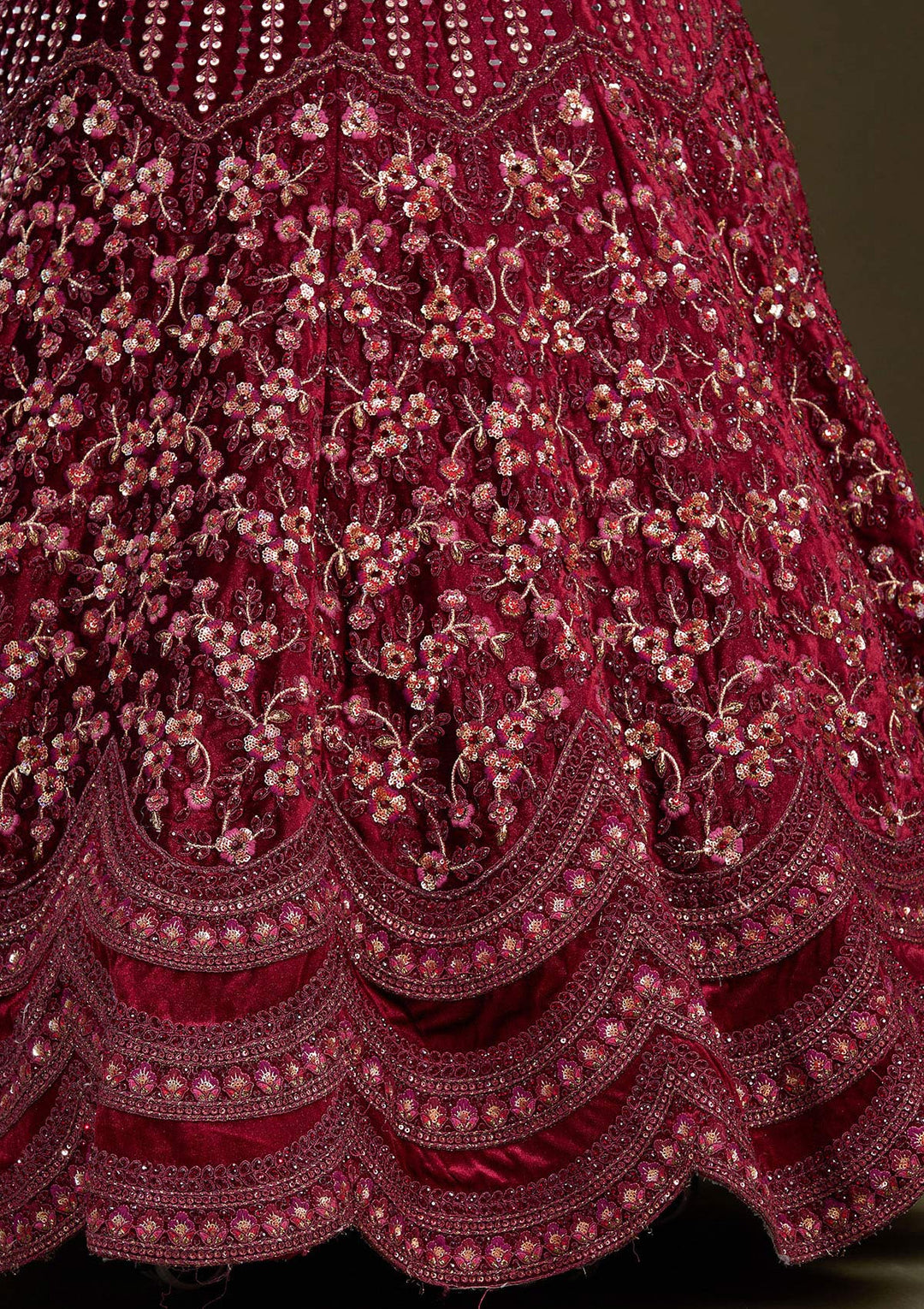 Maroon Zariwork Velvet Readymade Lehenga-Koskii