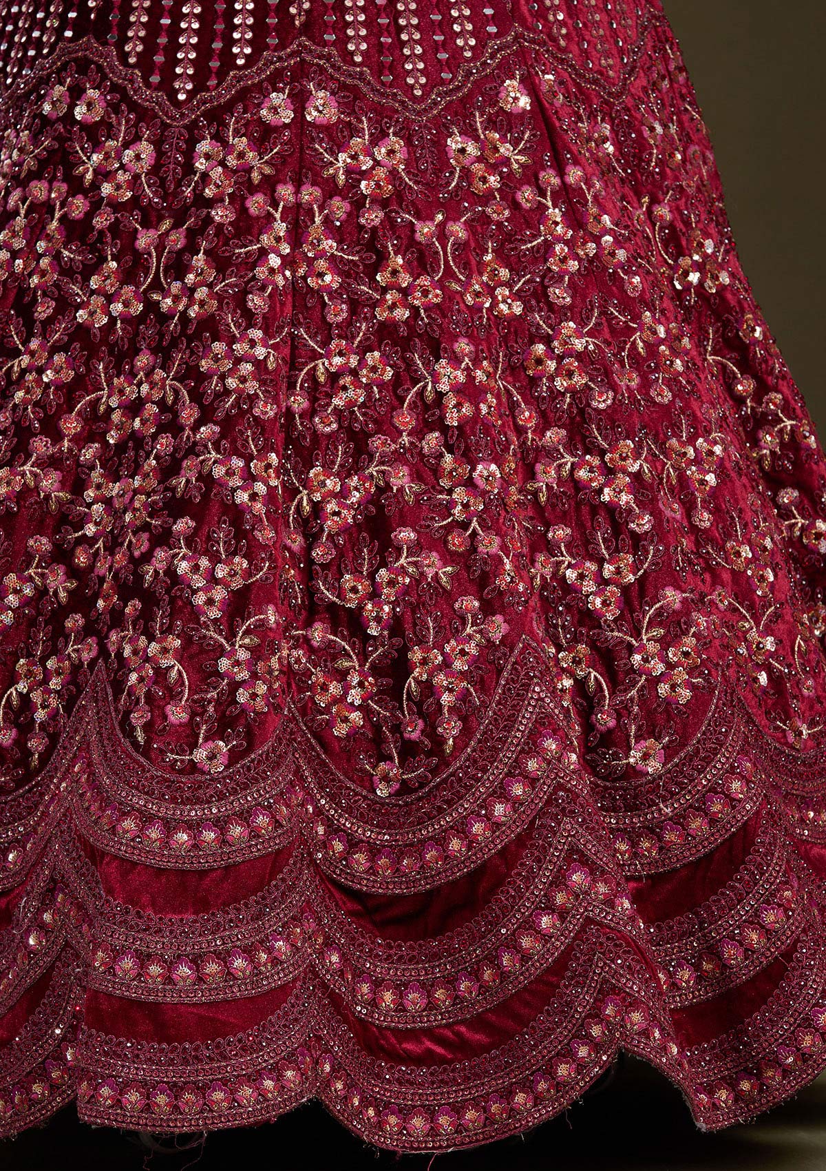 Maroon Zariwork Velvet Readymade Lehenga-Koskii