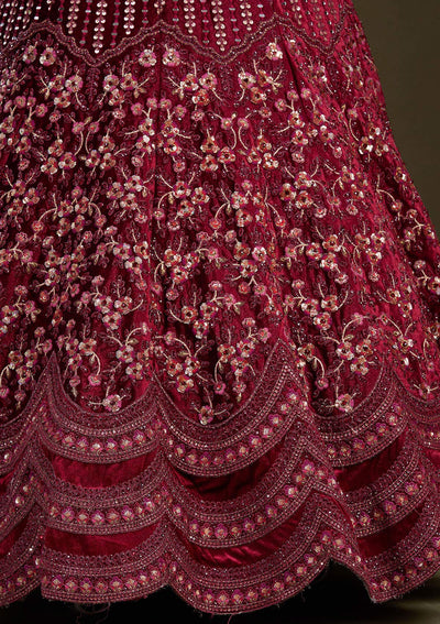 Maroon Zariwork Velvet Readymade Lehenga-Koskii