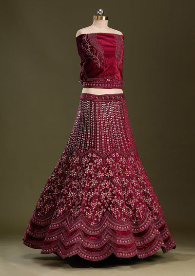 Maroon Zariwork Velvet Readymade Lehenga-Koskii