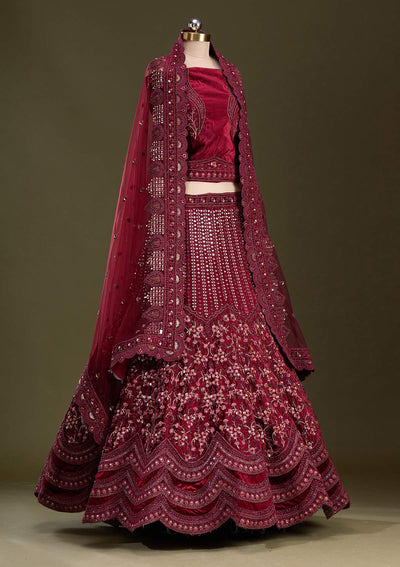 Maroon Zariwork Velvet Readymade Lehenga-Koskii