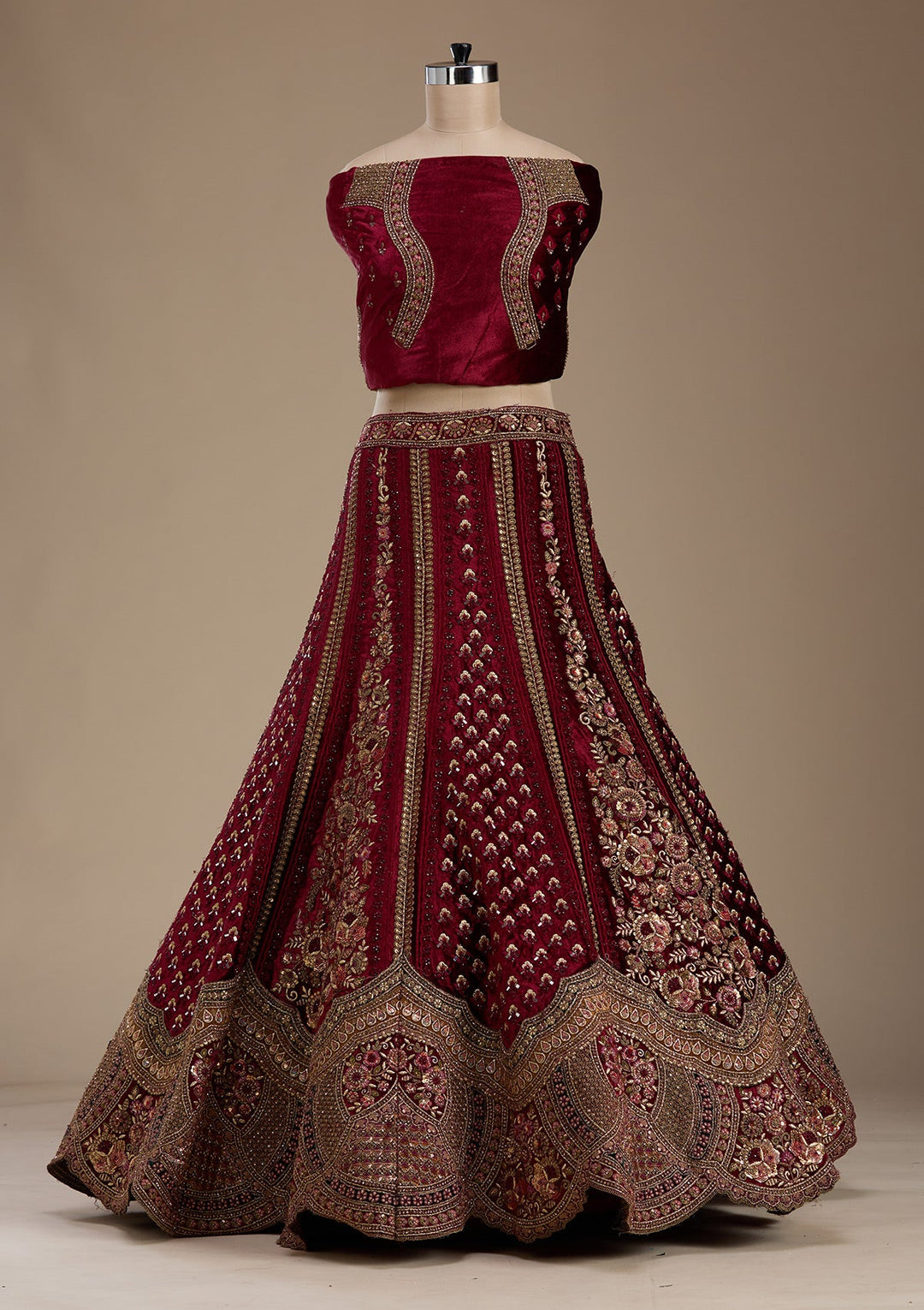 Maroon Zariwork Velvet Semi-Stitched Lehenga-koskii