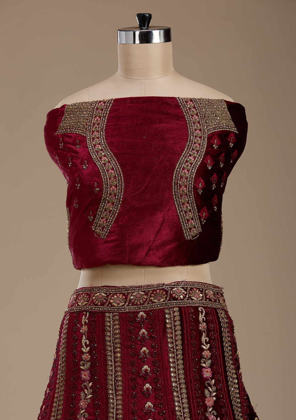 Maroon Zariwork Velvet Semi-Stitched Lehenga-koskii