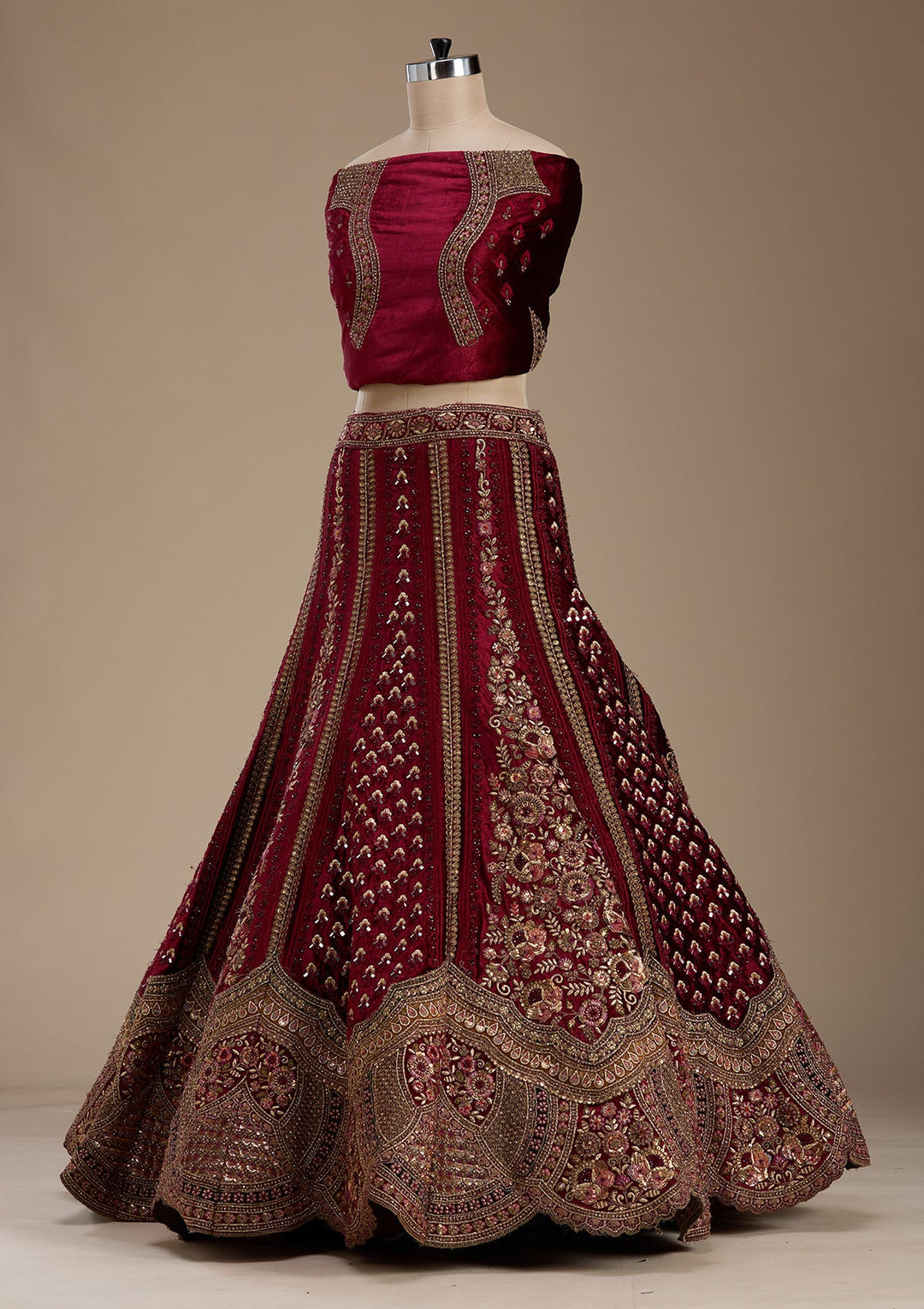 Maroon Zariwork Velvet Semi-Stitched Lehenga-koskii