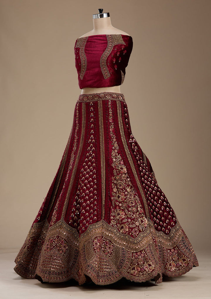Maroon Zariwork Velvet Semi-Stitched Lehenga-koskii