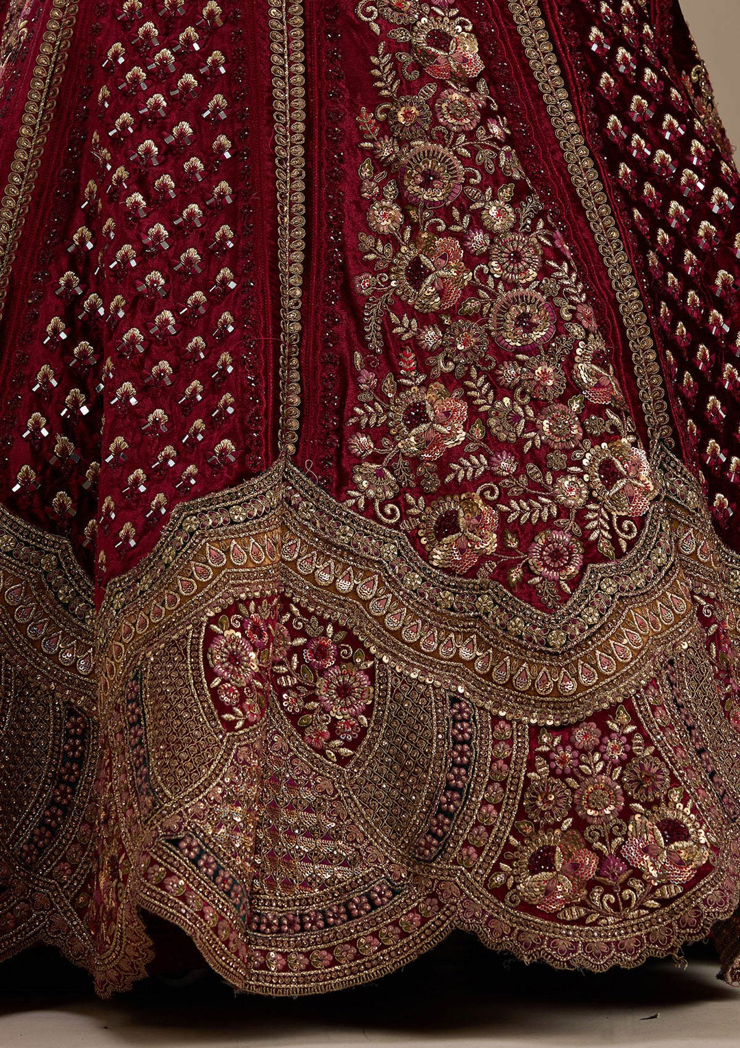 Maroon Zariwork Velvet Semi-Stitched Lehenga-koskii