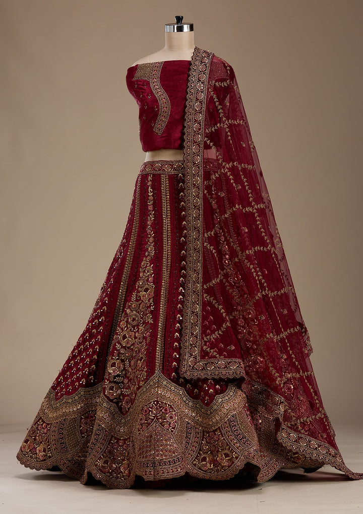 Maroon Zariwork Velvet Semi-Stitched Lehenga-koskii