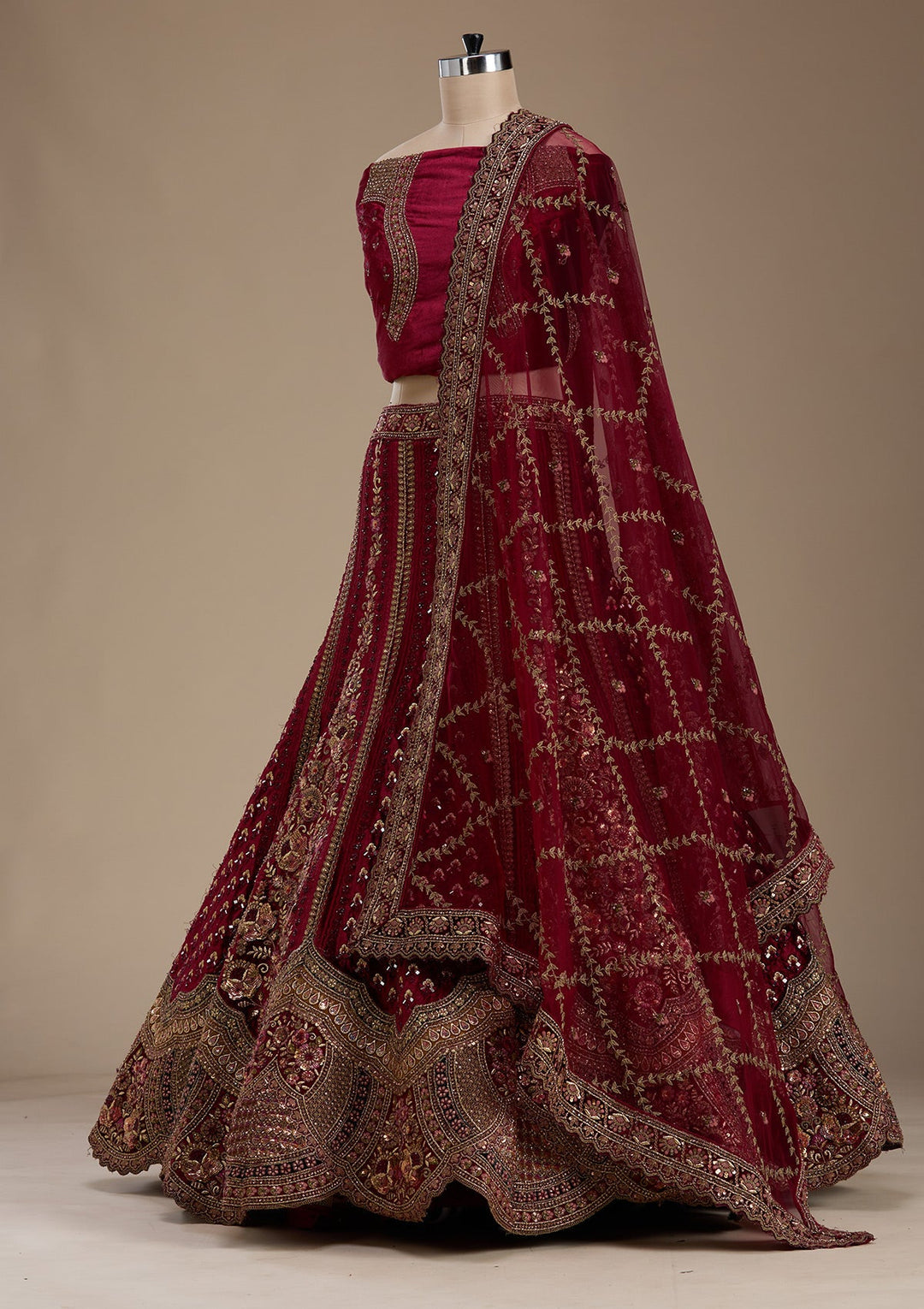 Maroon Zariwork Velvet Semi-Stitched Lehenga-koskii