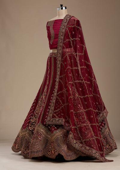Maroon Zariwork Velvet Semi-Stitched Lehenga-koskii