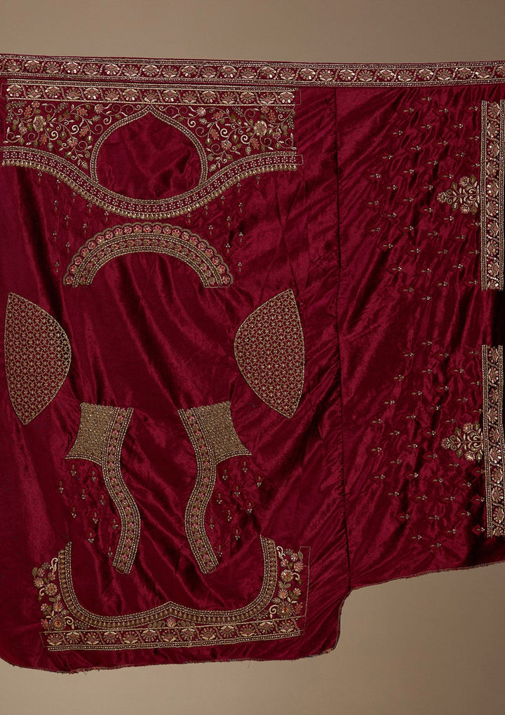 Maroon Zariwork Velvet Semi-Stitched Lehenga-koskii