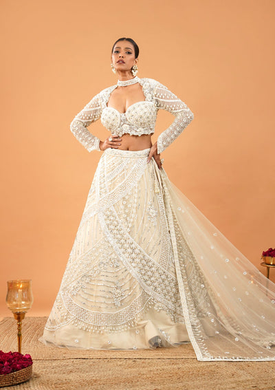 Cream Pearlwork Net Readymade Lehenga-Koskii