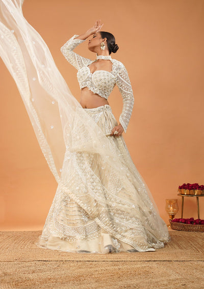 Cream Pearlwork Net Readymade Lehenga-Koskii