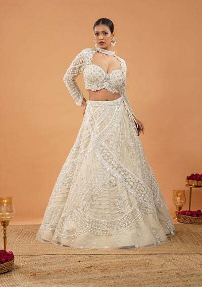 Cream Pearlwork Net Readymade Lehenga-Koskii