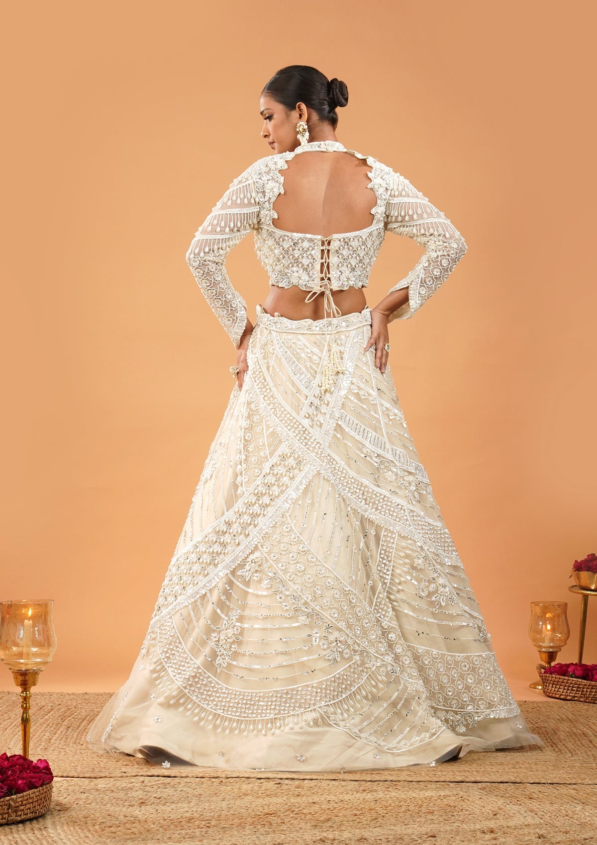 Cream Pearlwork Net Readymade Lehenga-Koskii