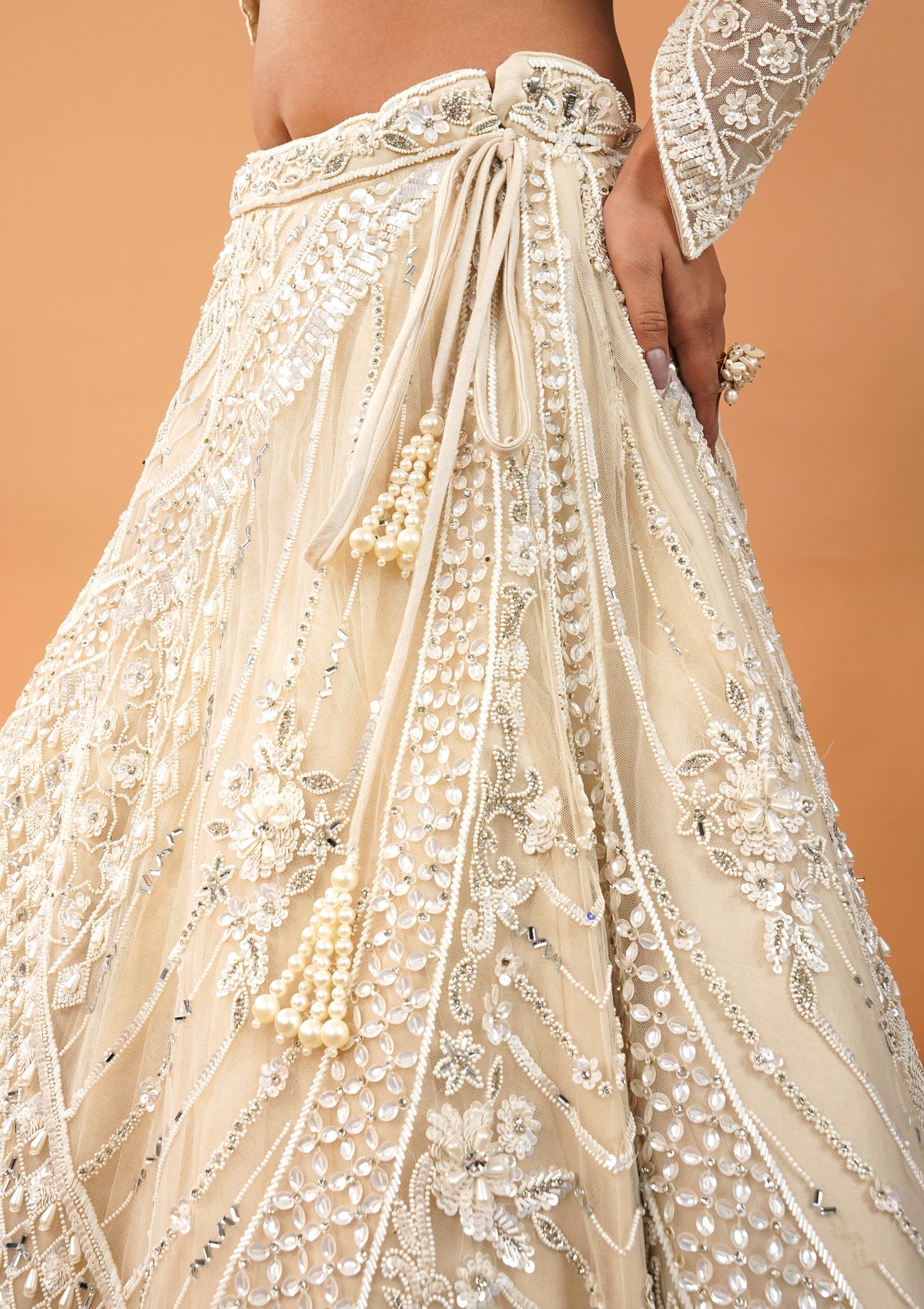 Cream Pearlwork Net Readymade Lehenga-Koskii