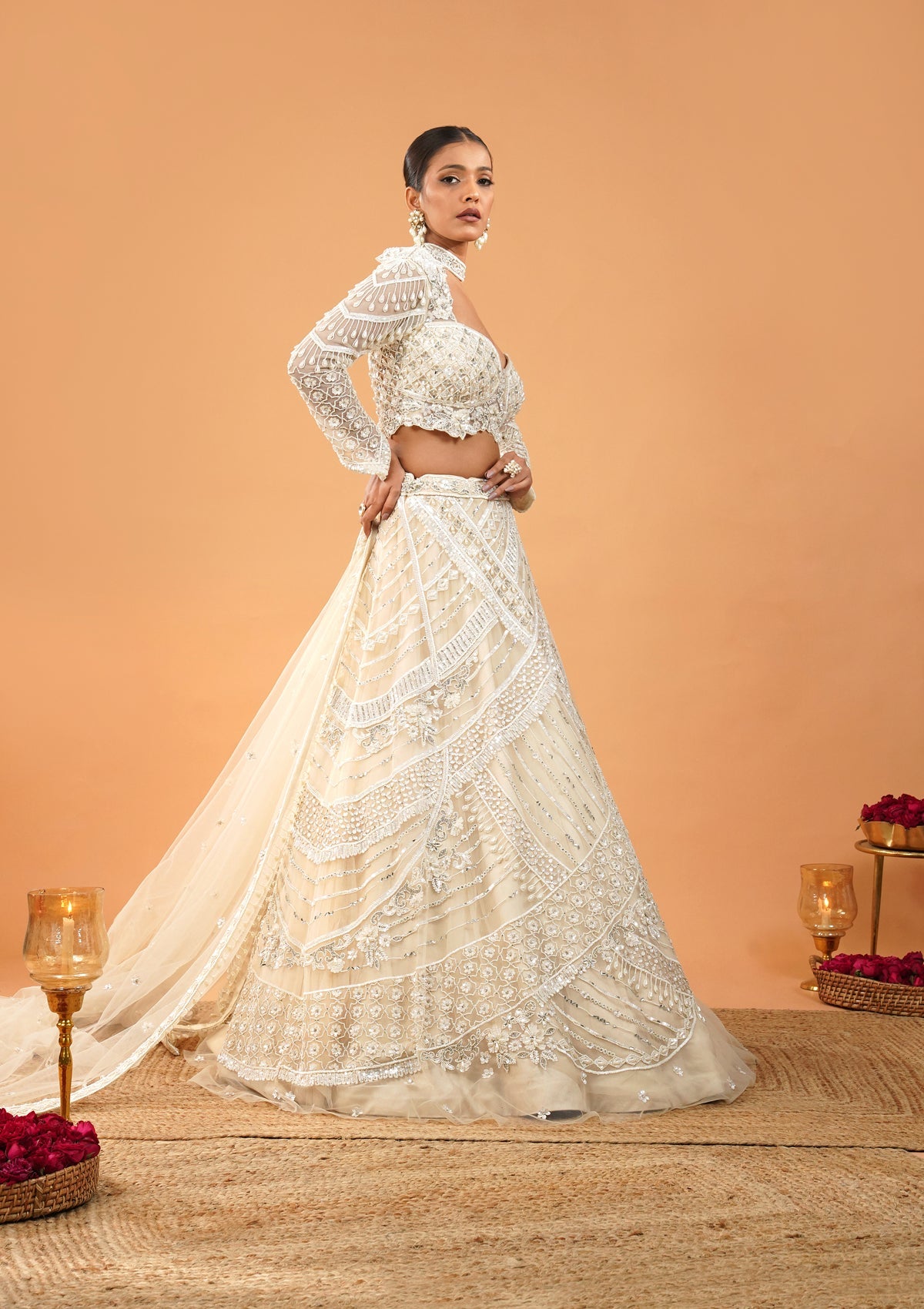 Cream Pearlwork Net Readymade Lehenga-Koskii