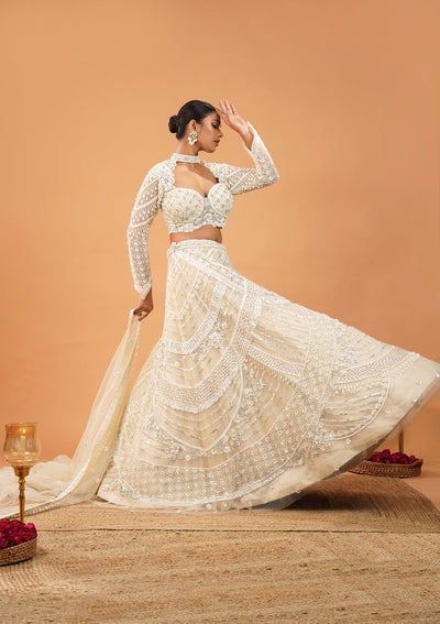 Cream Pearlwork Net Readymade Lehenga-Koskii