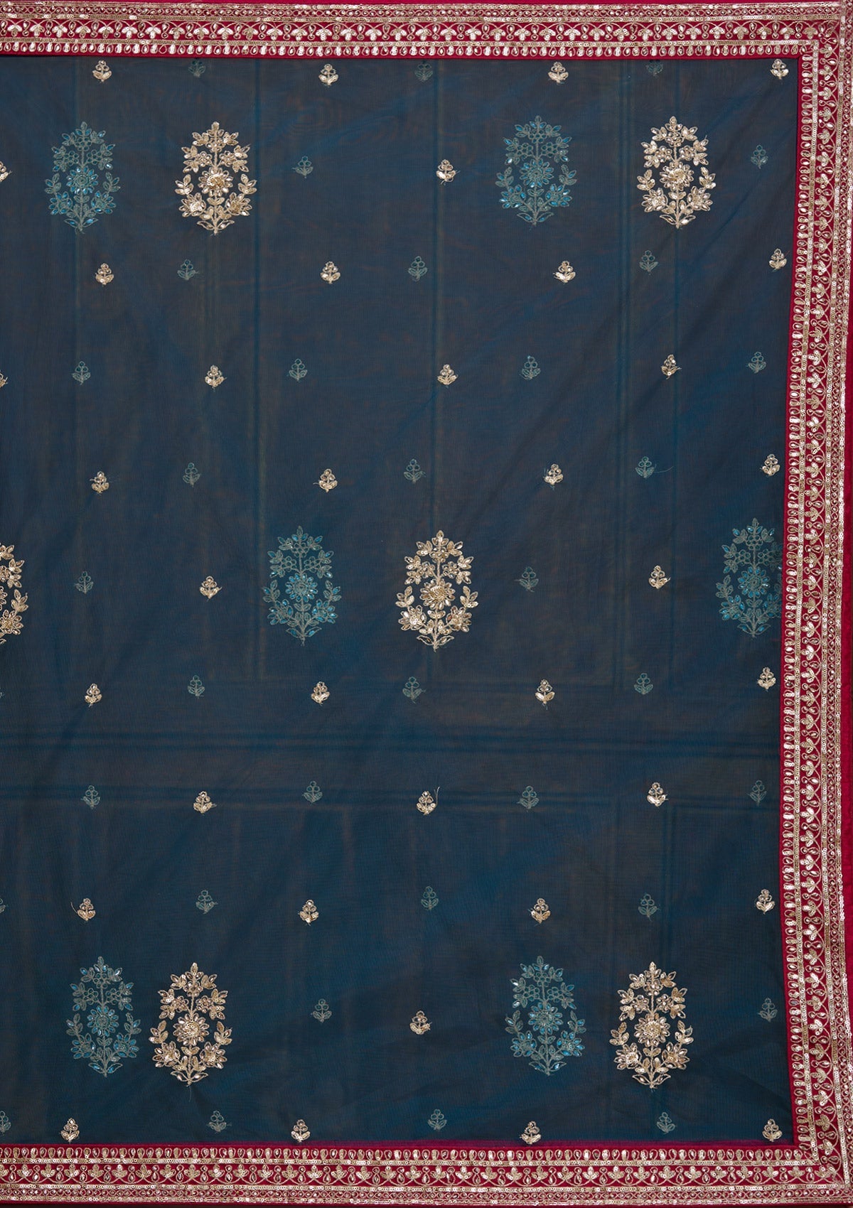 Peacock Blue Cording Net Readymade Lehenga-Koskii