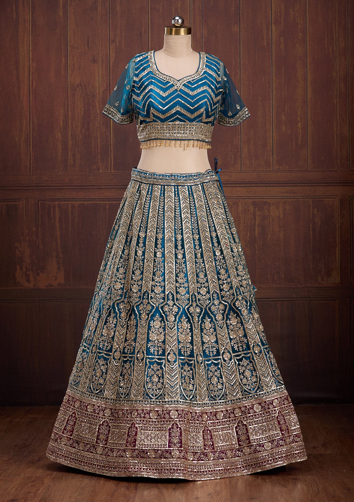 Peacock Blue Cording Net Readymade Lehenga-Koskii