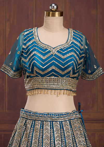 Peacock Blue Cording Net Readymade Lehenga-Koskii