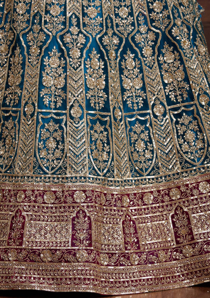 Peacock Blue Cording Net Readymade Lehenga-Koskii
