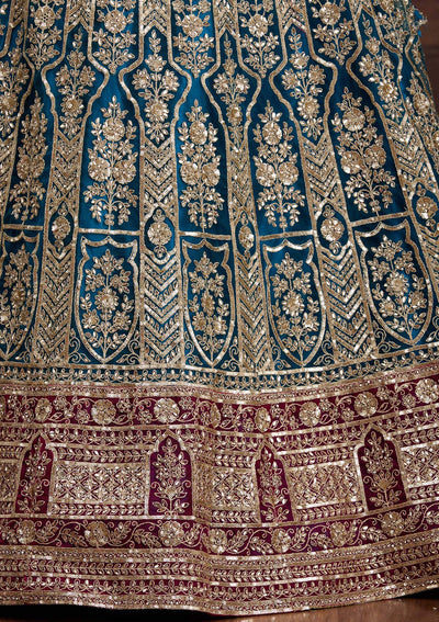Peacock Blue Cording Net Readymade Lehenga-Koskii