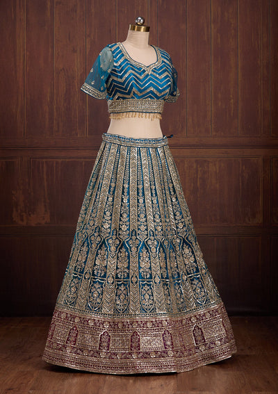 Peacock Blue Cording Net Readymade Lehenga-Koskii