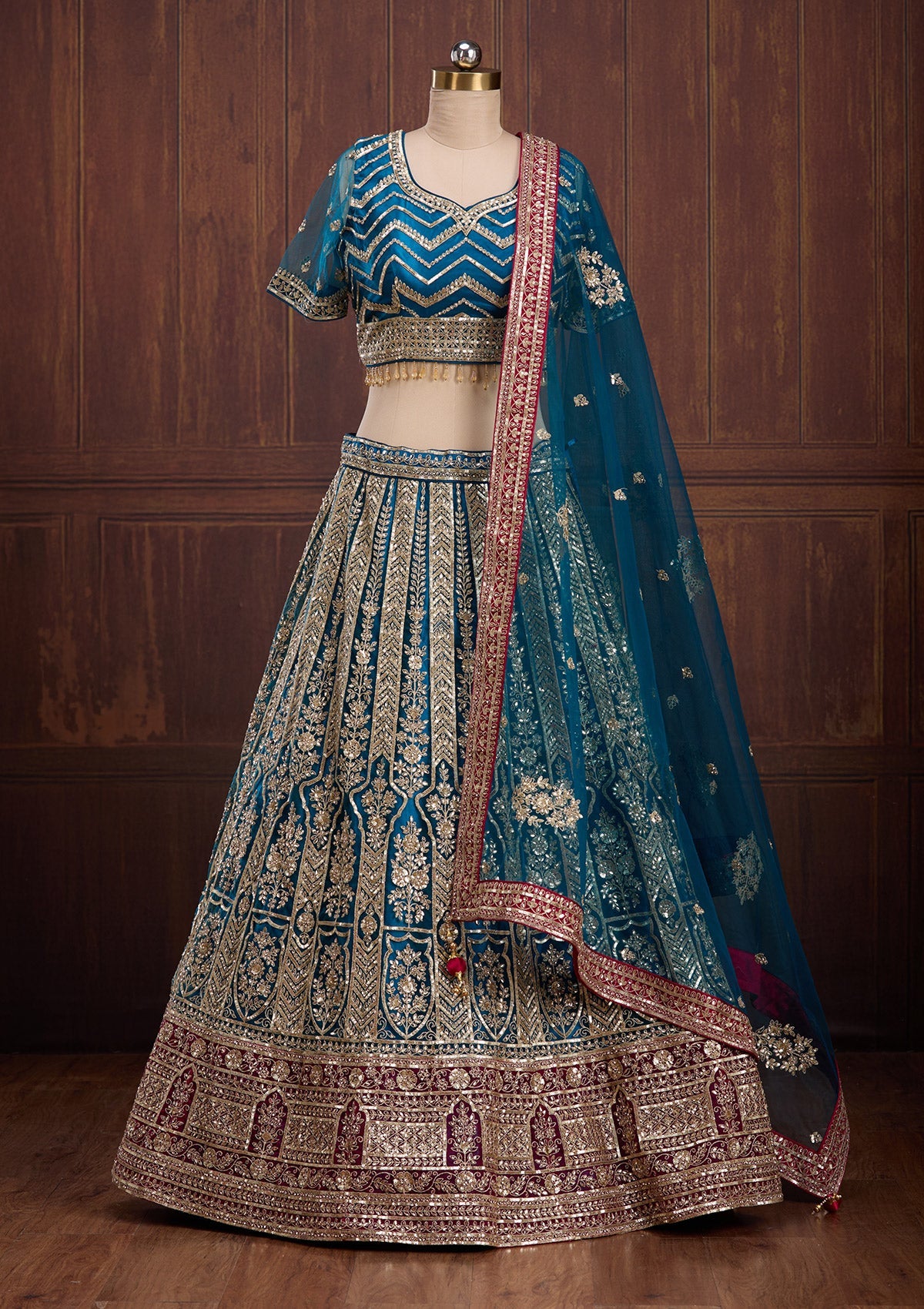 Peacock Blue Cording Net Readymade Lehenga-Koskii
