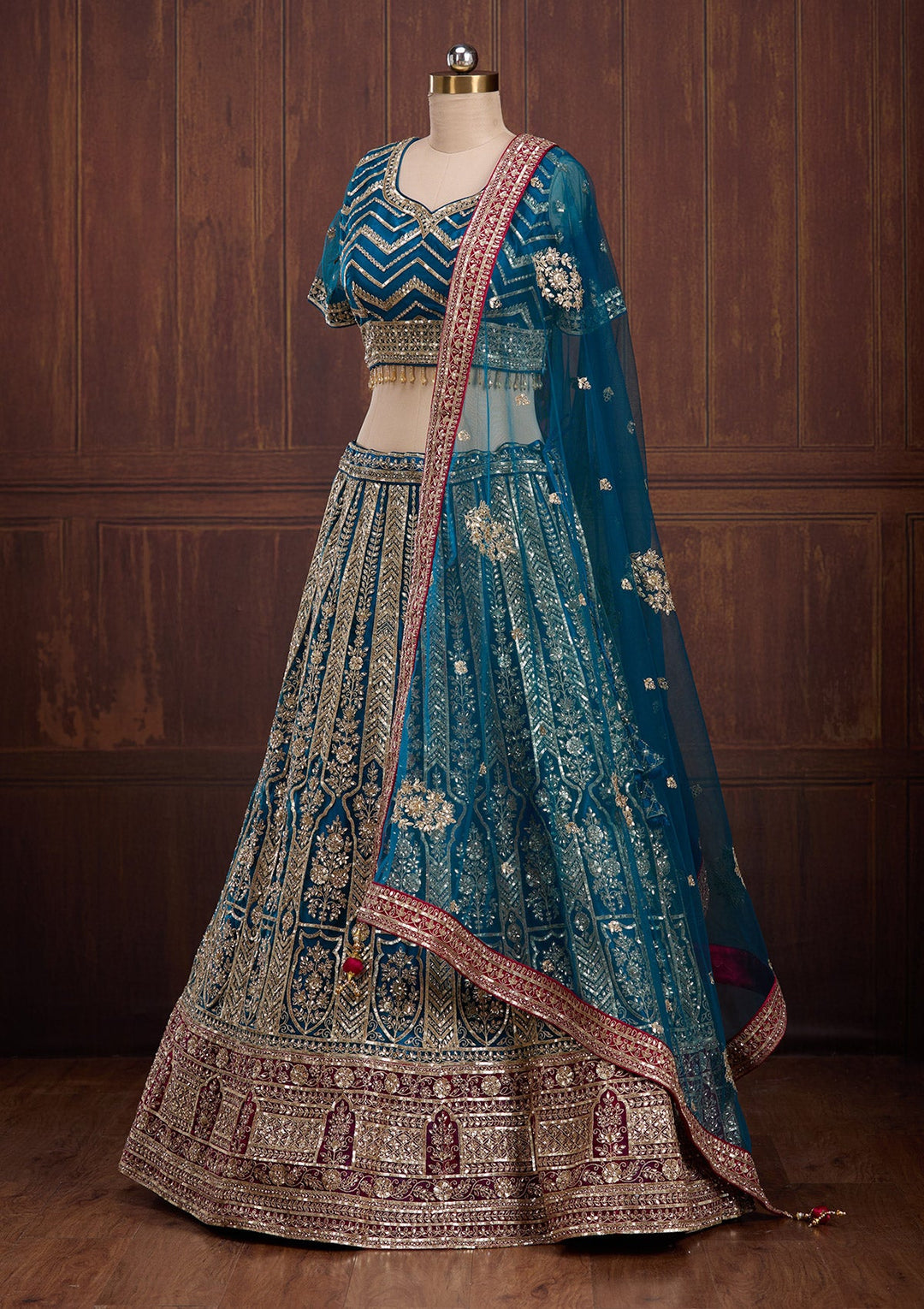 Peacock Blue Cording Net Readymade Lehenga-Koskii