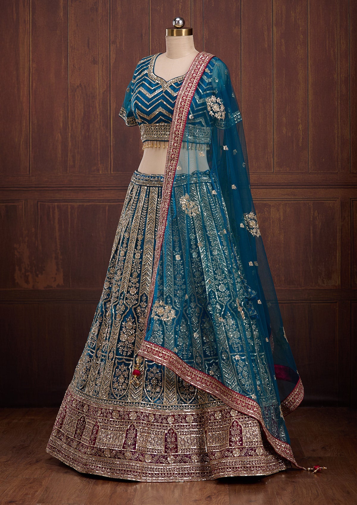 Peacock Blue Cording Net Readymade Lehenga-Koskii