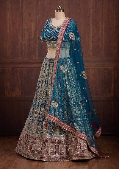 Peacock Blue Cording Net Readymade Lehenga-Koskii