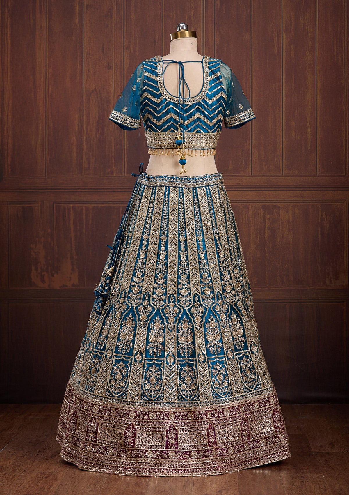 Peacock Blue Cording Net Readymade Lehenga-Koskii