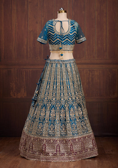 Peacock Blue Cording Net Readymade Lehenga-Koskii