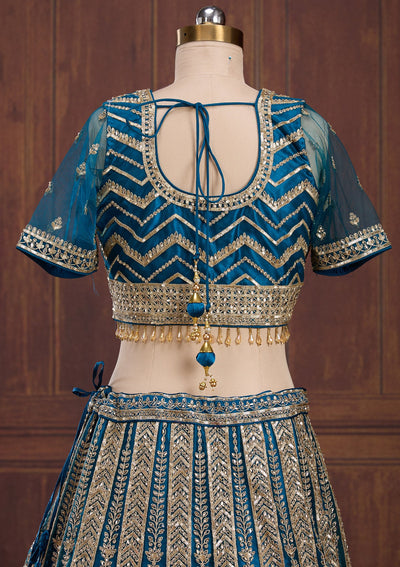 Peacock Blue Cording Net Readymade Lehenga-Koskii