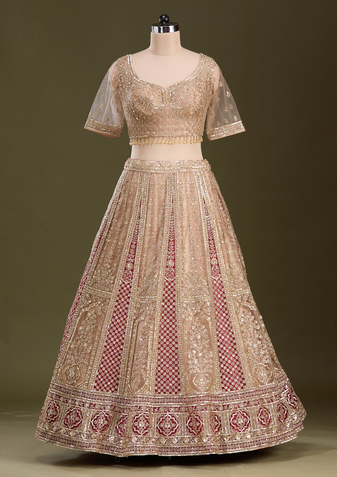 Beige Cording Net Readymade Lehenga-Koskii