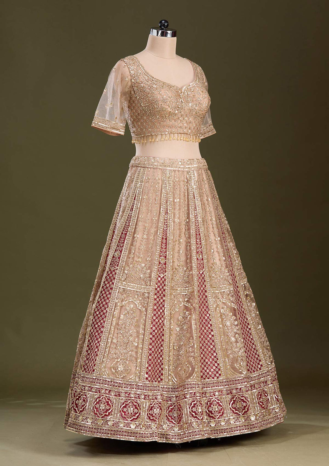 Beige Cording Net Readymade Lehenga-Koskii