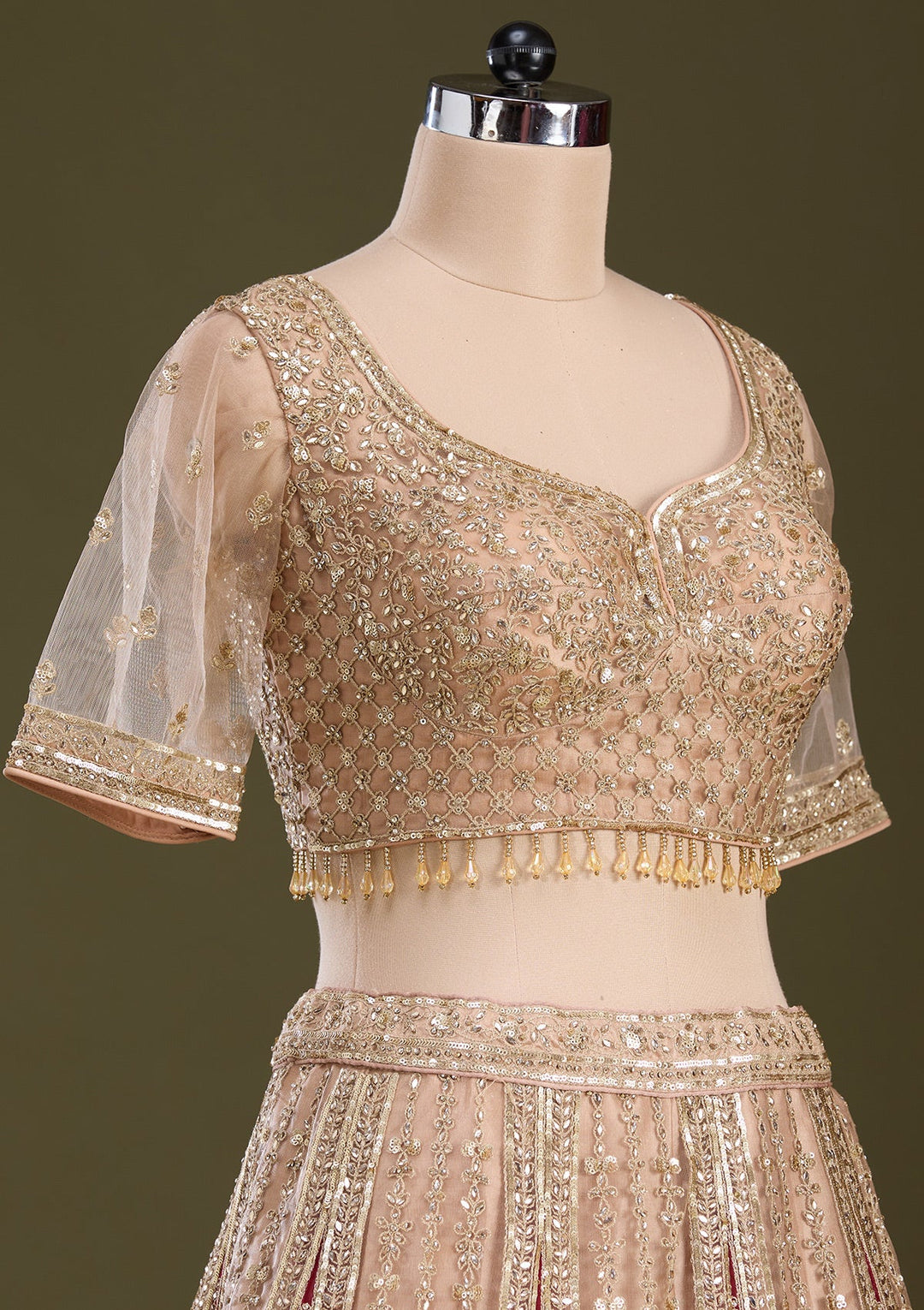 Beige Cording Net Readymade Lehenga-Koskii