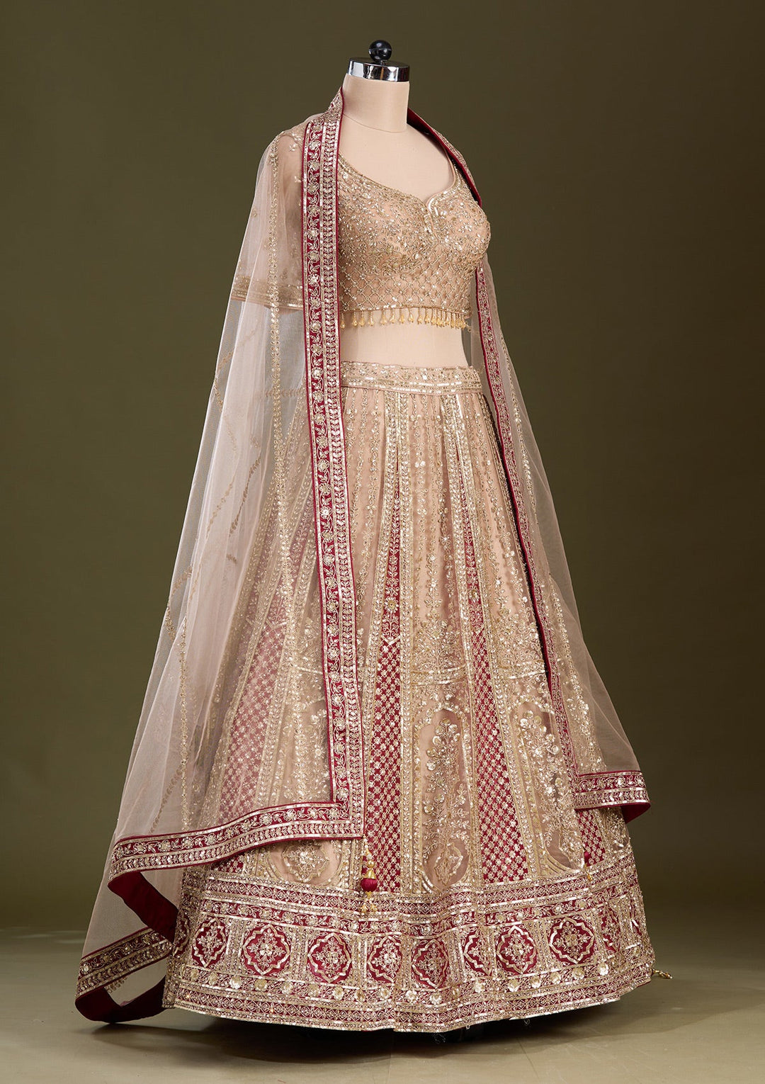 Beige Cording Net Readymade Lehenga-Koskii