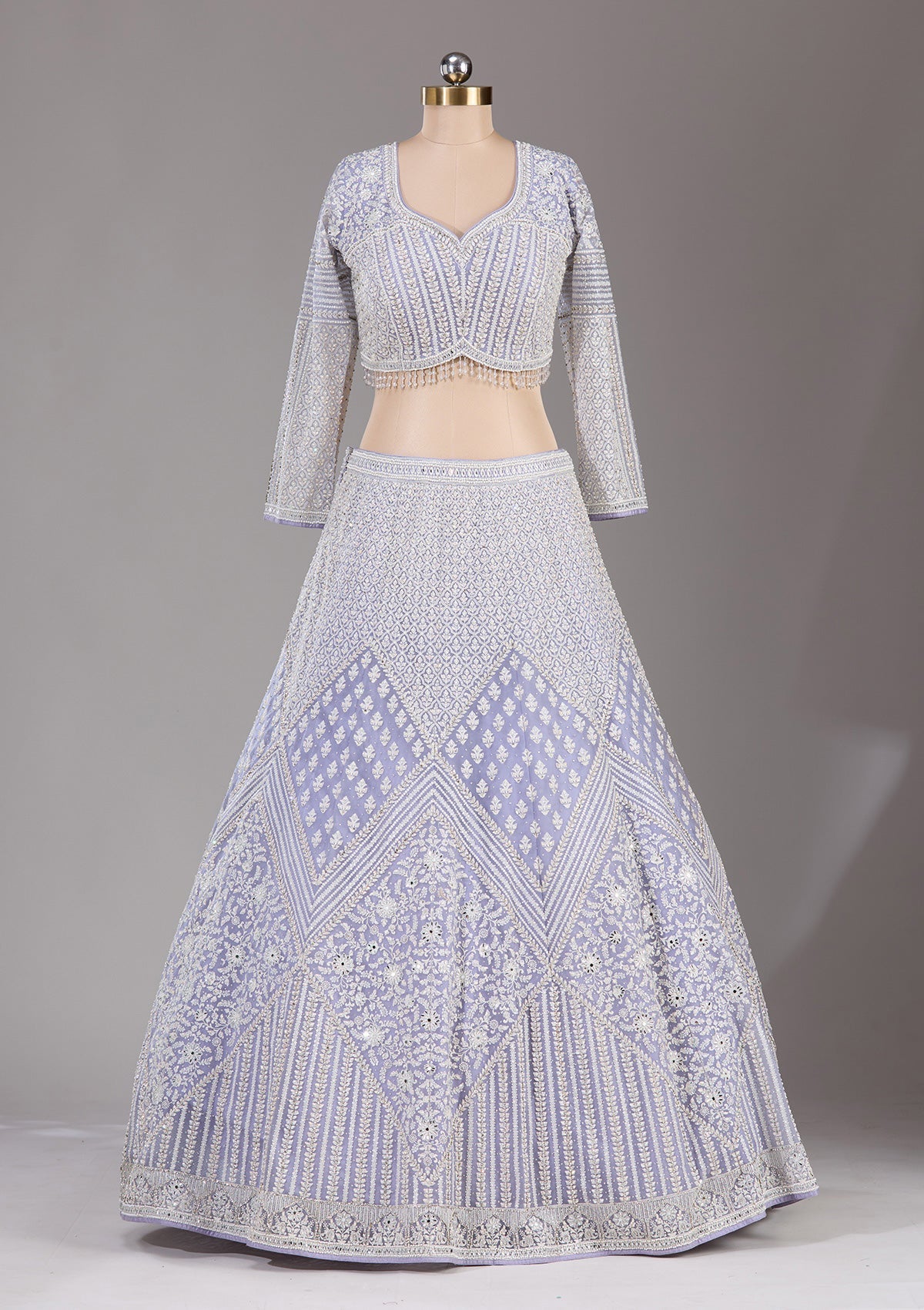 Lavender Threadwork Net Readymade Lehenga-Koskii