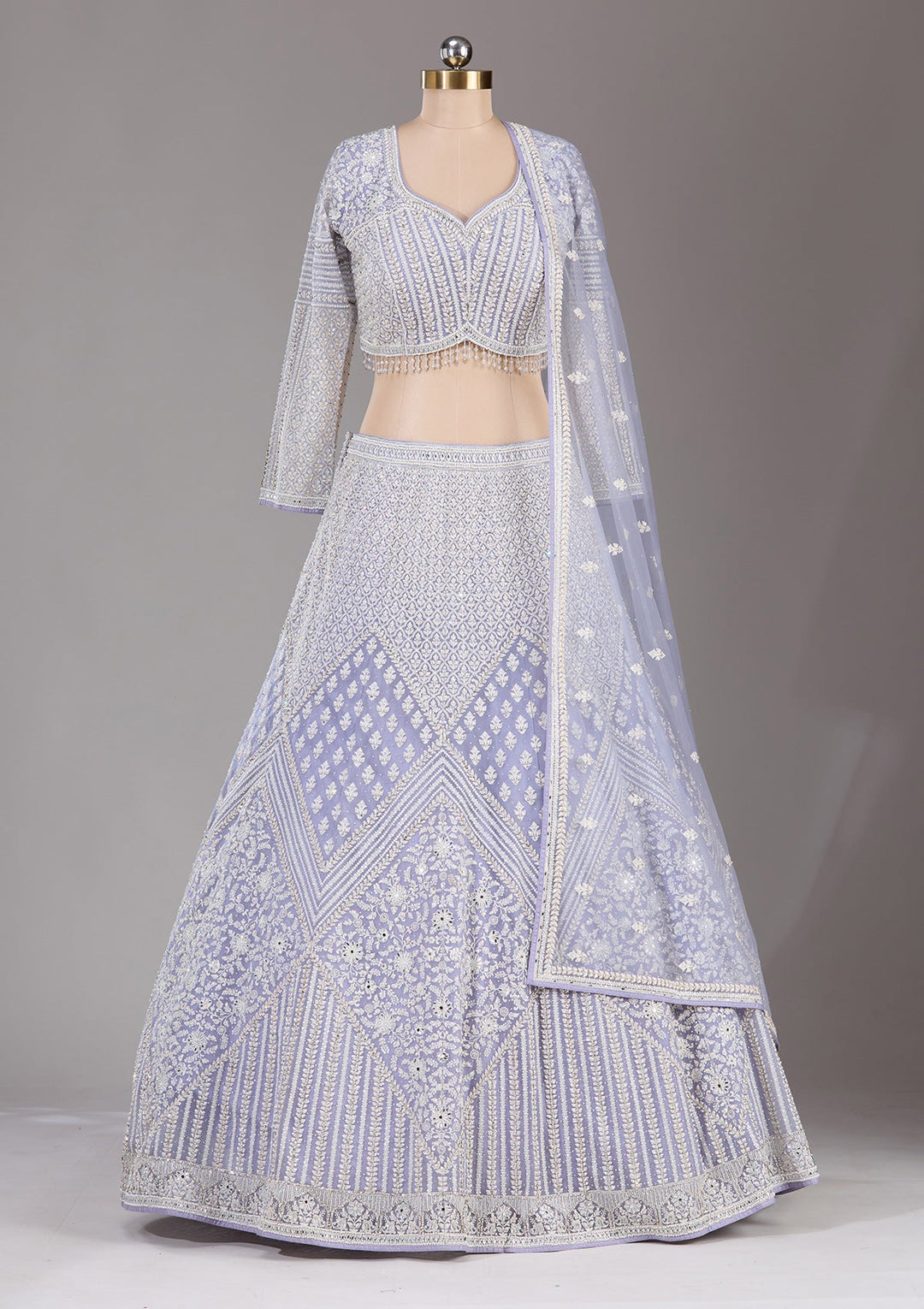 Lavender Threadwork Net Readymade Lehenga-Koskii